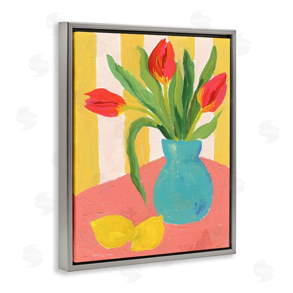 Victoria Barnes Bright Tulips in Blue Vase Gray Floating Frame Canvas Wall Art Print
