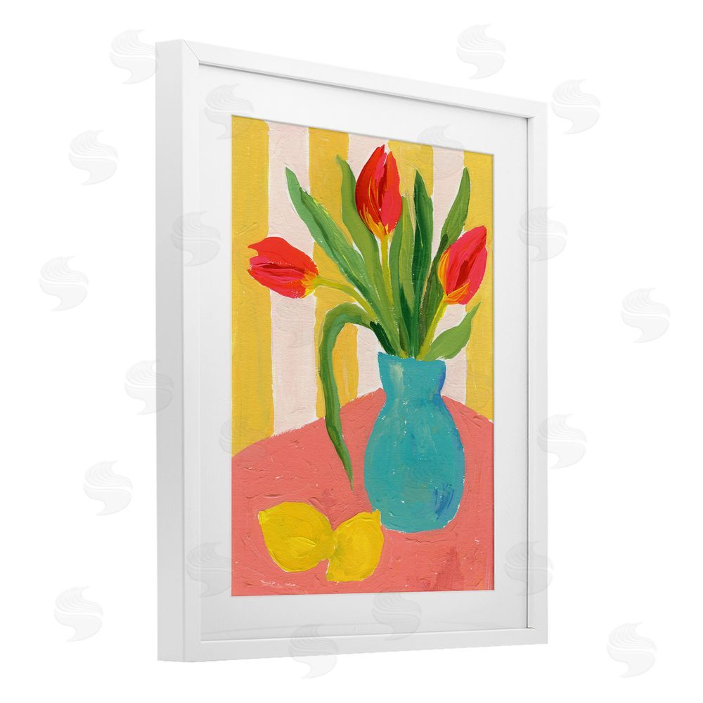Victoria Barnes Bright Tulips in Blue Vase White Framed Print Under Glass Wall Art
