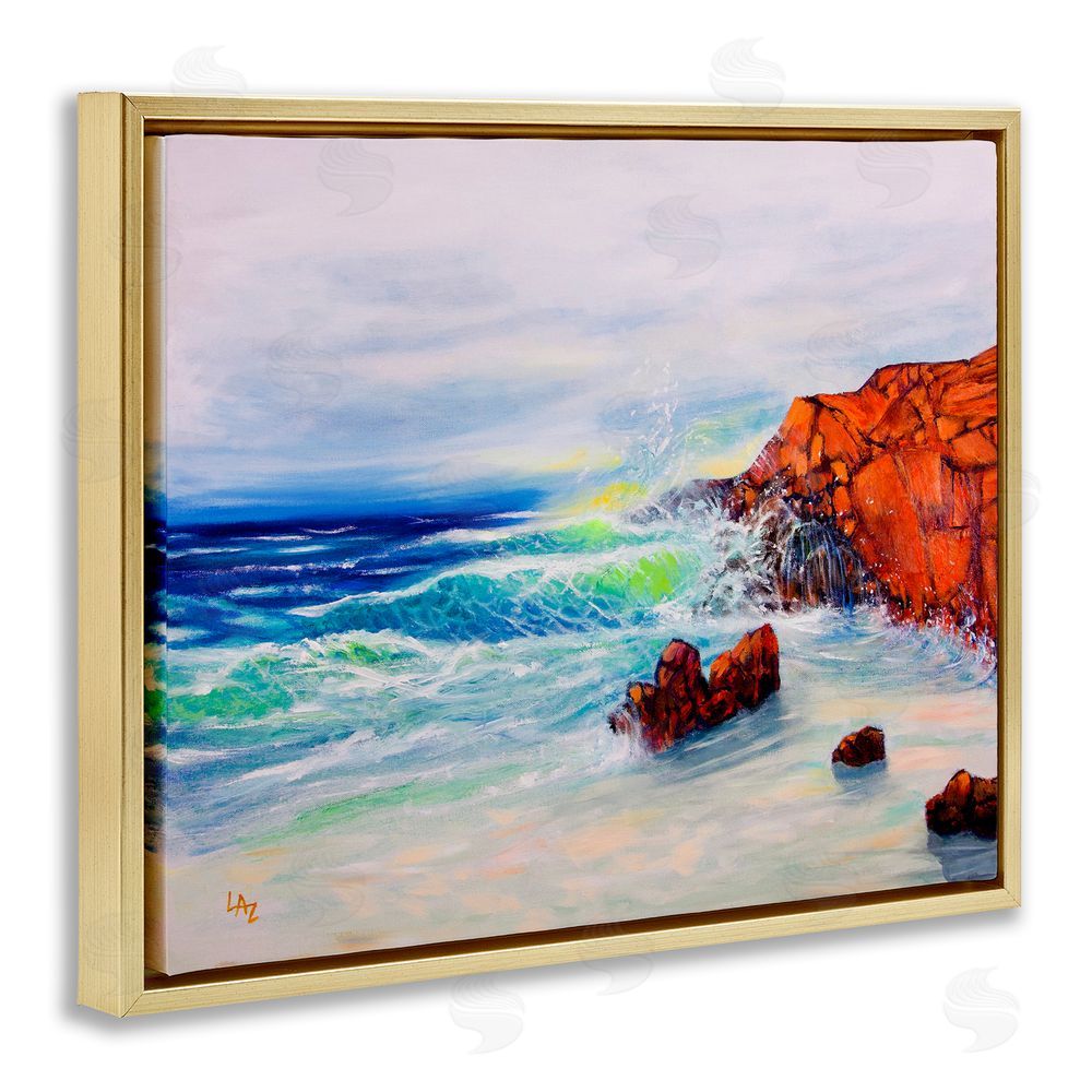 Lee Ann Zirbes Deep Blue Rocky Beach Gold Floating Frame Canvas Wall Art Print