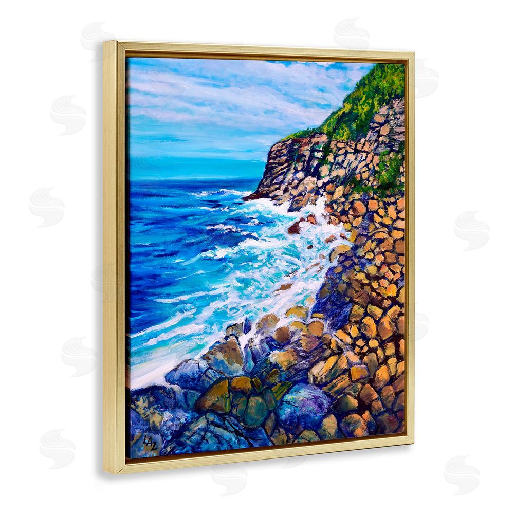Lee Ann Zirbes Cliffside Ocean Spray Gold Floating Frame Canvas Wall Art Print