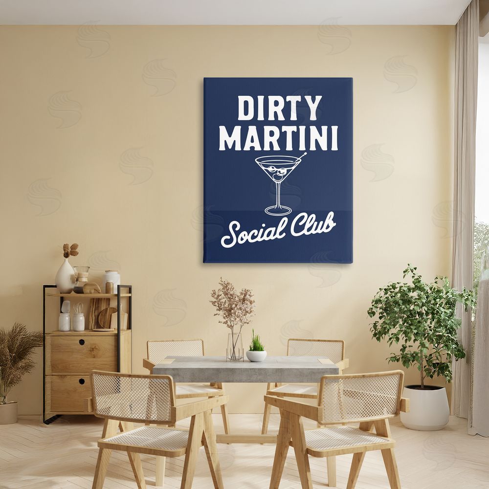 Lettered and Lined Retro Dirty Martini Club Stretched Canvas Wall Art in Room