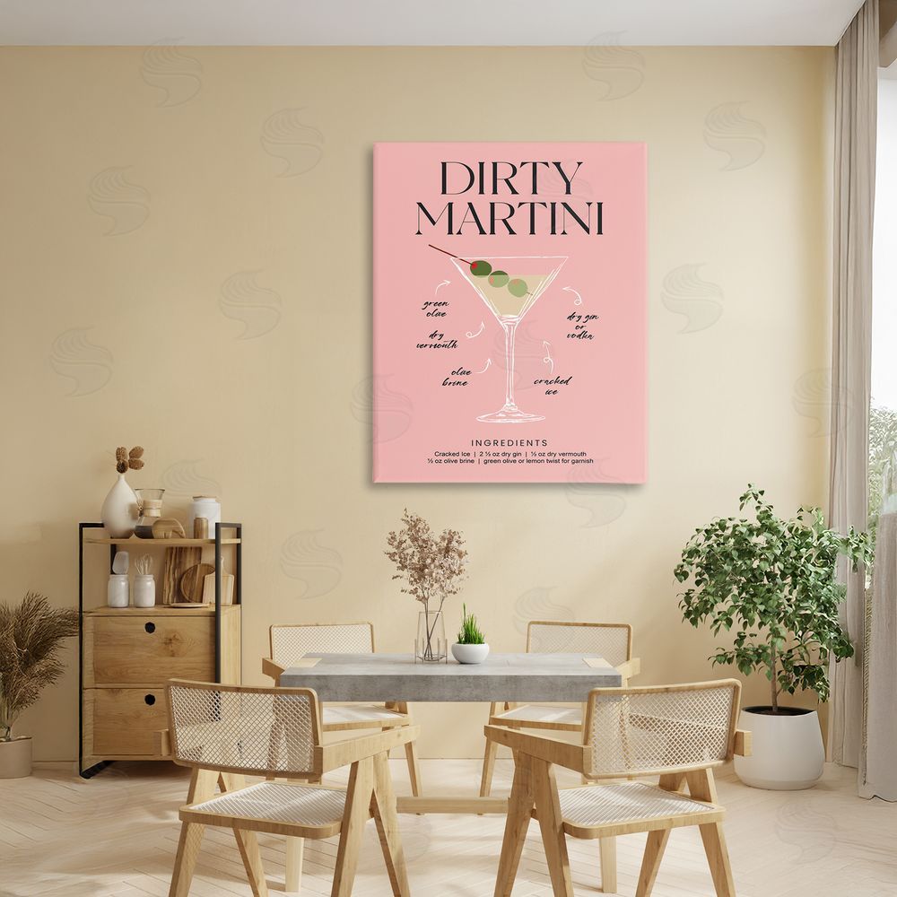 Lettered and Lined Dirty Martini Pink Recipe Stretched Canvas Wall Art in Room