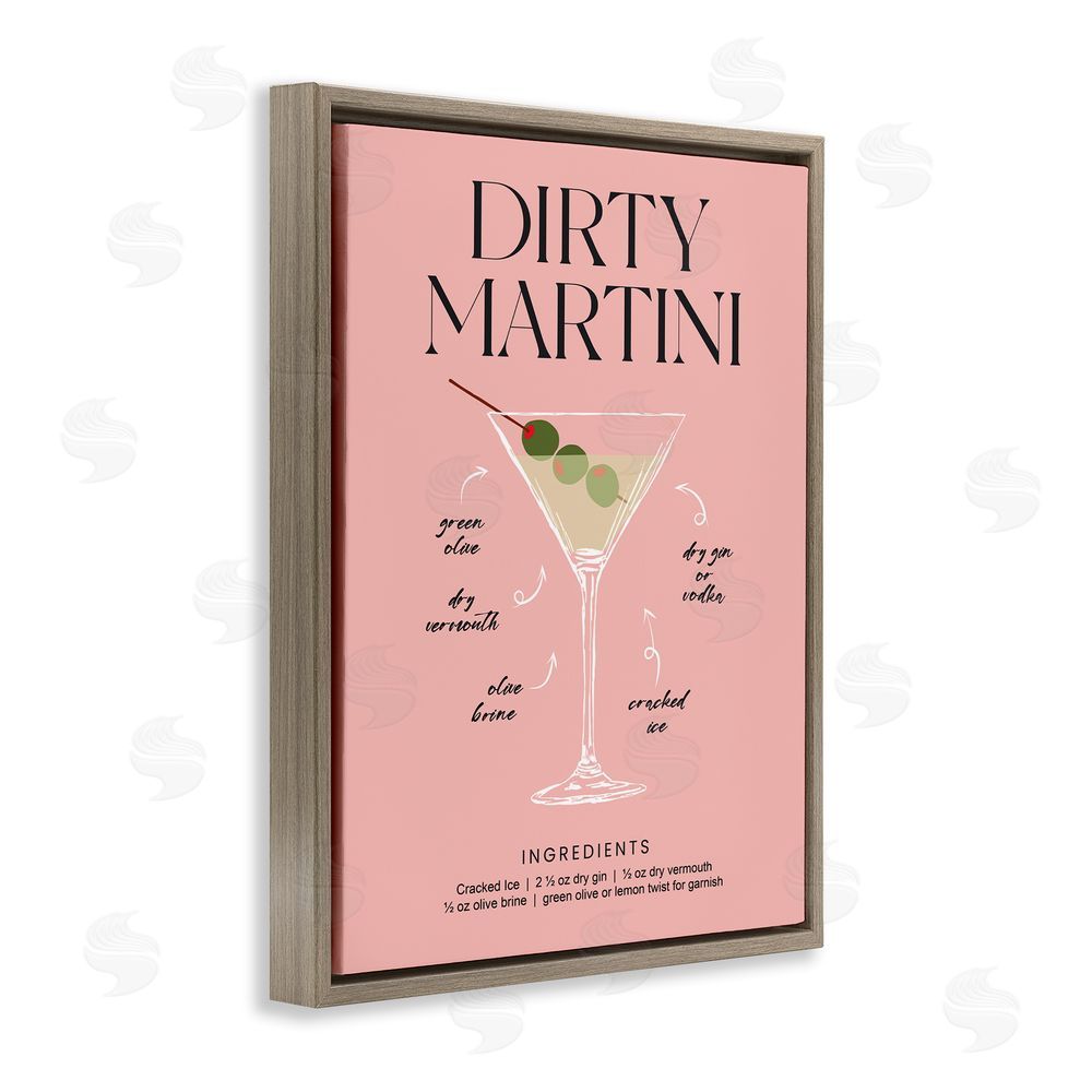 Lettered and Lined Dirty Martini Pink Recipe Brown Floating Frame Canvas Wall Art Print