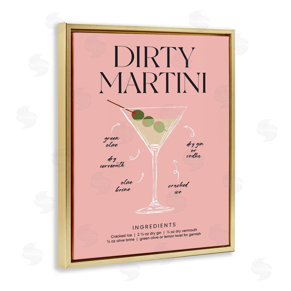 Lettered and Lined Dirty Martini Pink Recipe Gold Floating Frame Canvas Wall Art Print