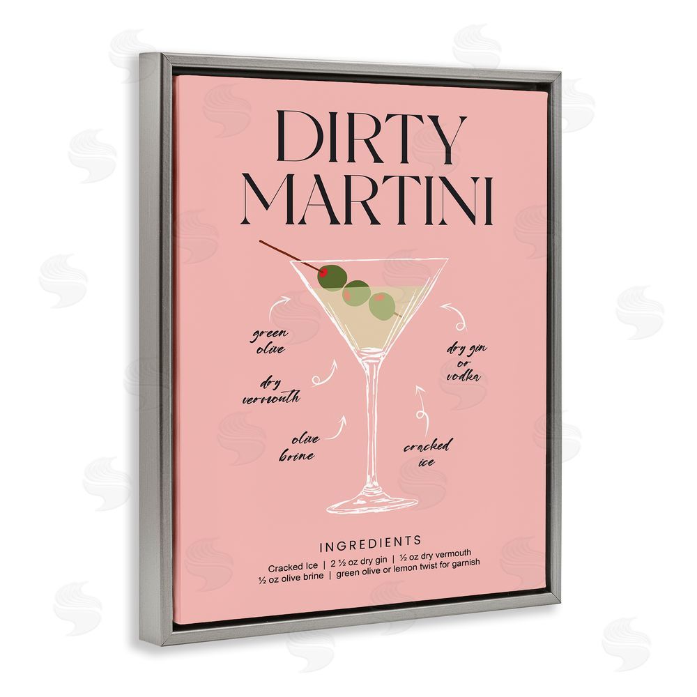 Lettered and Lined Dirty Martini Pink Recipe Gray Floating Frame Canvas Wall Art Print