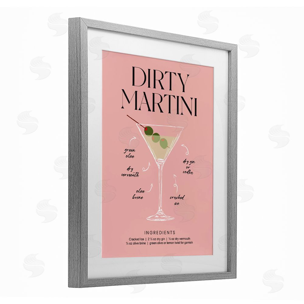Lettered and Lined Dirty Martini Pink Recipe Gray Framed Print Under Glass Wall Art