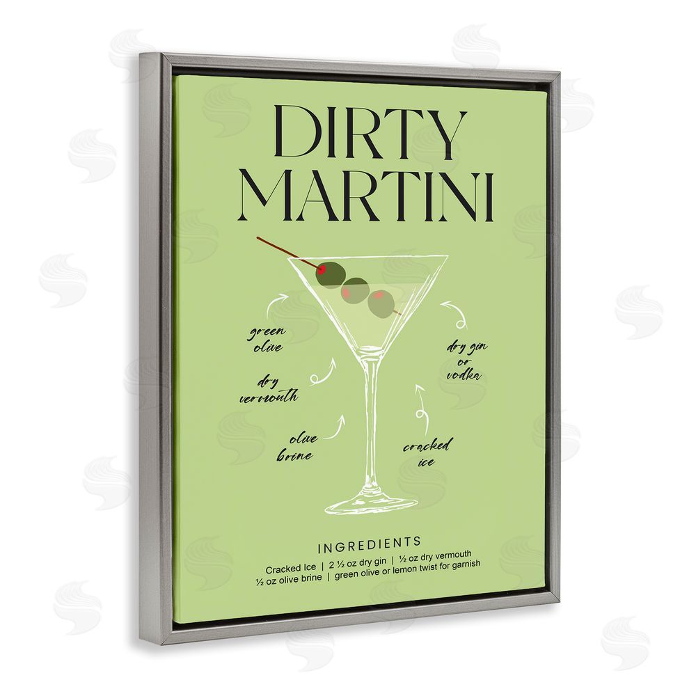 Lettered and Lined Dirty Martini Green Recipe Gray Floating Frame Canvas Wall Art Print