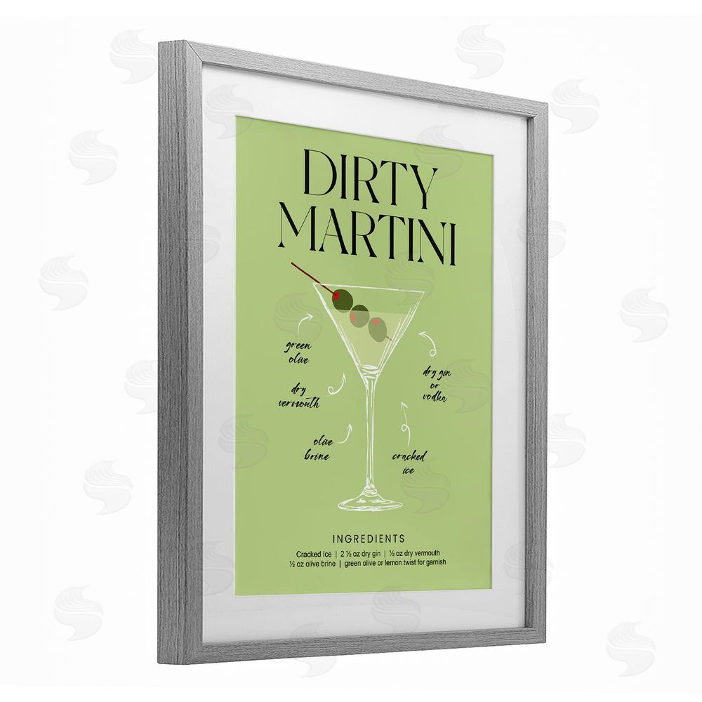 Lettered and Lined Dirty Martini Green Recipe Gray Framed Print Under Glass Wall Art