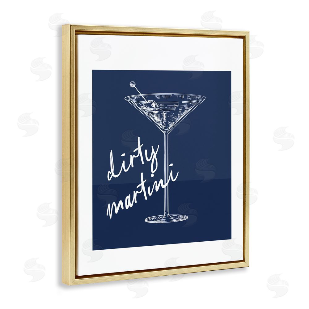 Lettered and Lined Dirty Martini on Blue Gold Floating Frame Canvas Wall Art Print