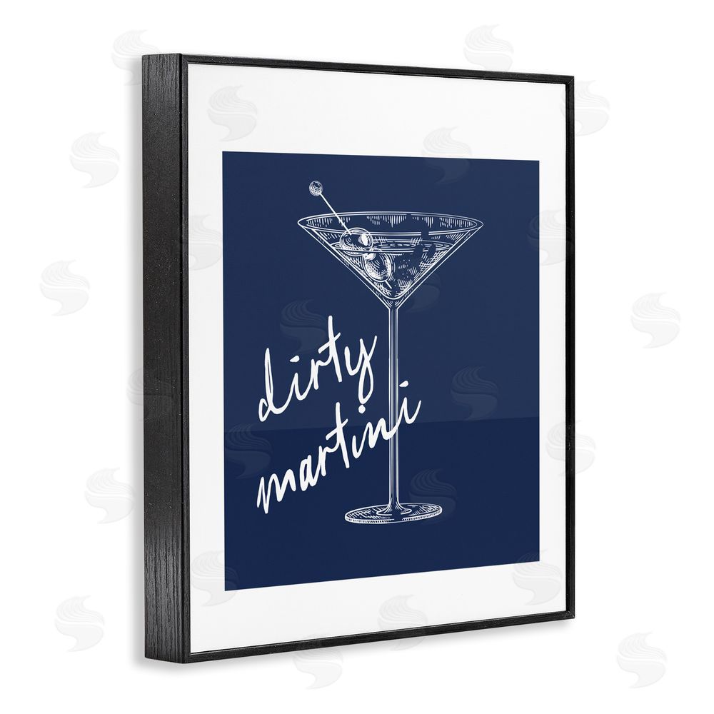 Lettered and Lined Dirty Martini on Blue Black Framed Giclee Wall Art Print