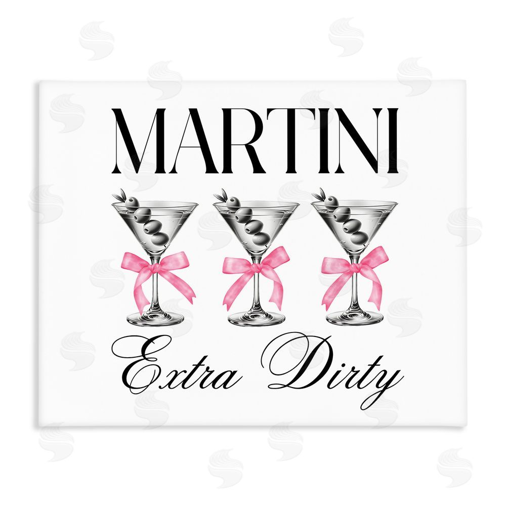 Lettered and Lined Pink Ribbon Martini Trio Stretched Canvas Wall Art