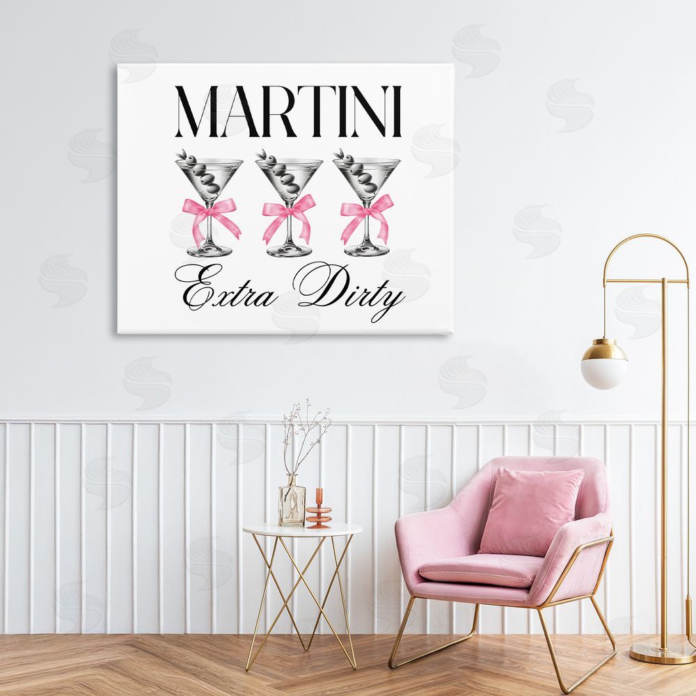 Lettered and Lined Pink Ribbon Martini Trio Stretched Canvas Wall Art in Room