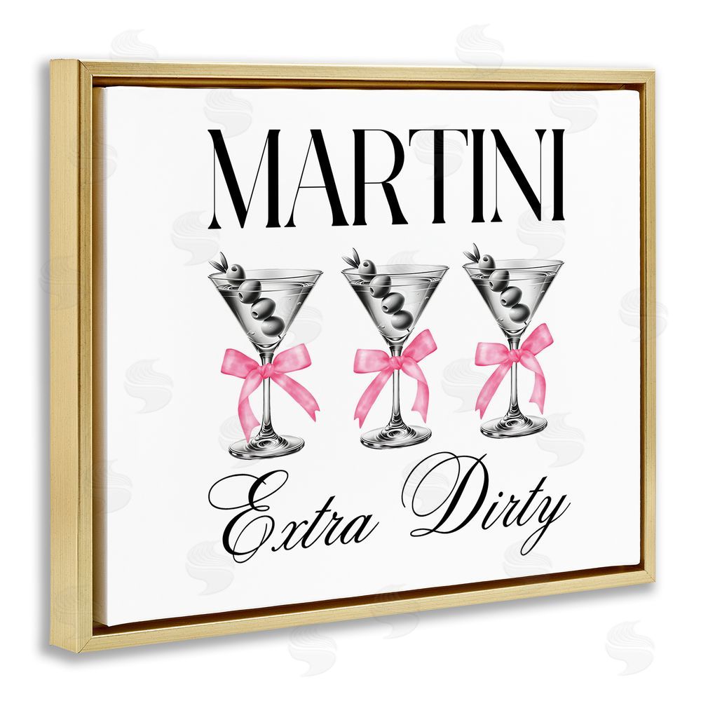 Lettered and Lined Pink Ribbon Martini Trio Gold Floating Framed Canvas Wall Art