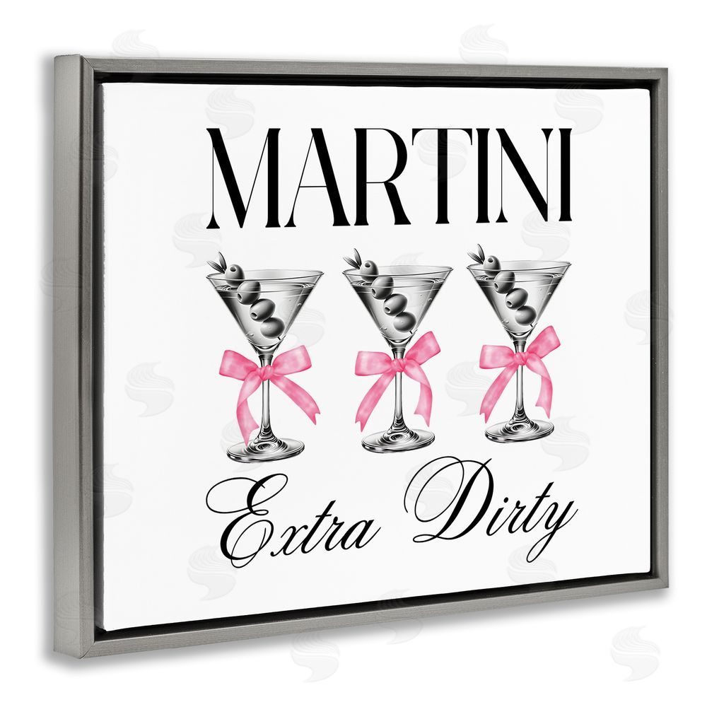Lettered and Lined Pink Ribbon Martini Trio Gray Floating Framed Canvas Wall Art