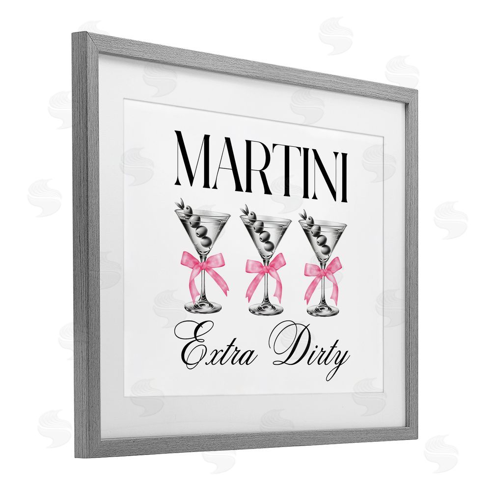 Lettered and Lined Pink Ribbon Martini Trio Gray Framed Print Under Glass Wall Art