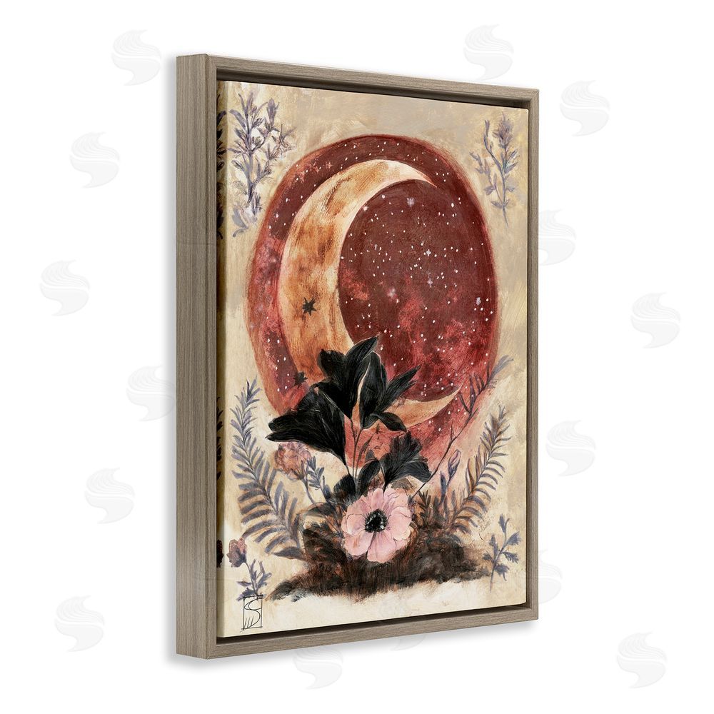 Sara Culpepper Crescent Moon & Florals Brown Floating Frame Canvas Wall Art Print