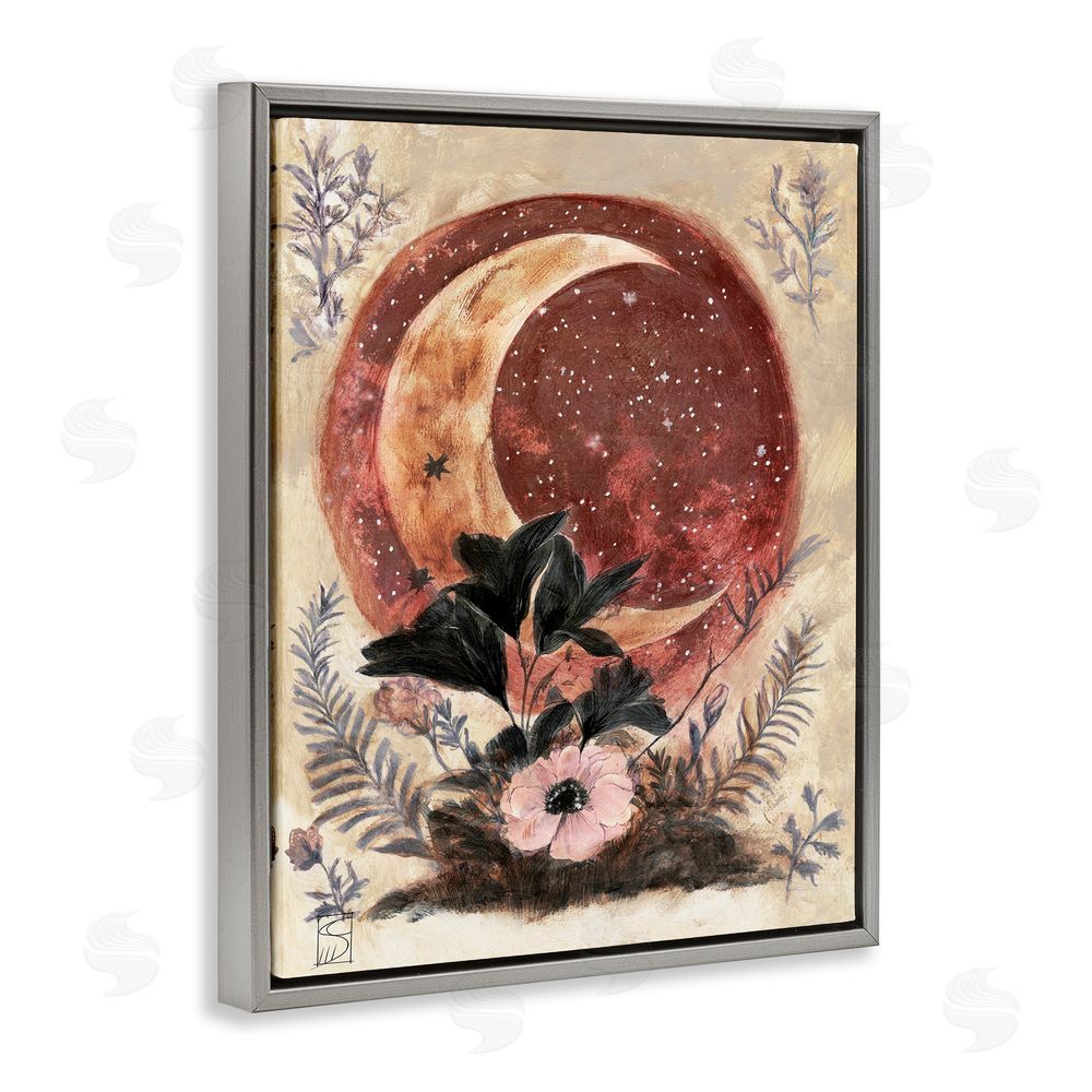 Sara Culpepper Crescent Moon & Florals Gray Floating Frame Canvas Wall Art Print