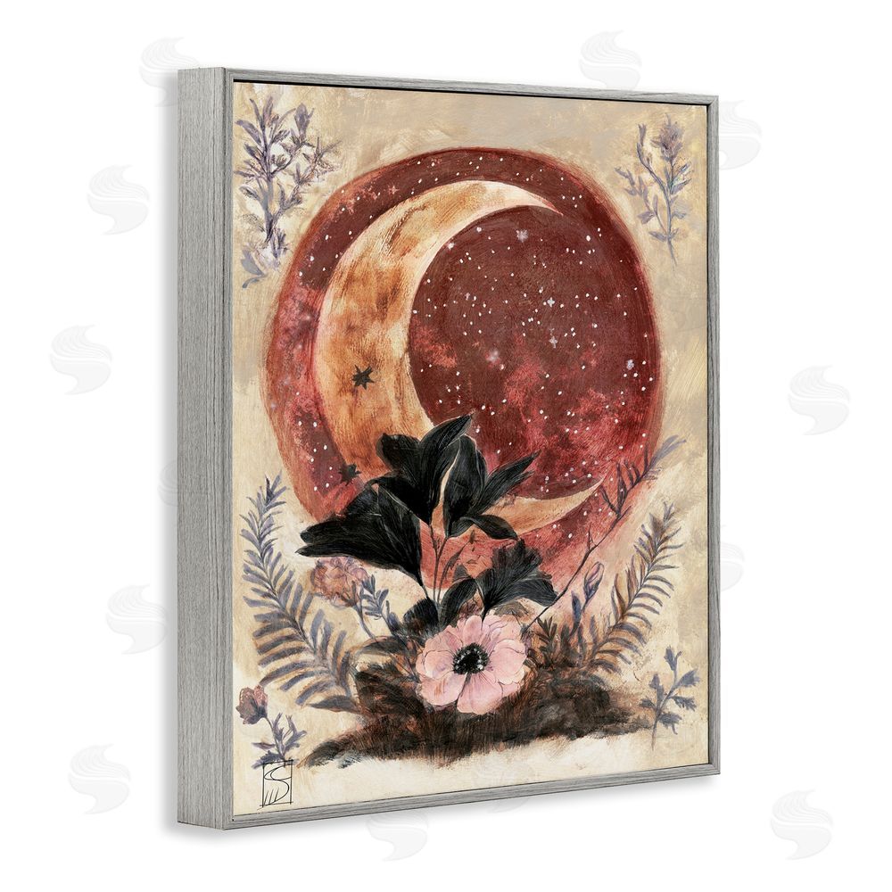 Sara Culpepper Crescent Moon & Florals Gray Framed Giclee Wall Art Print
