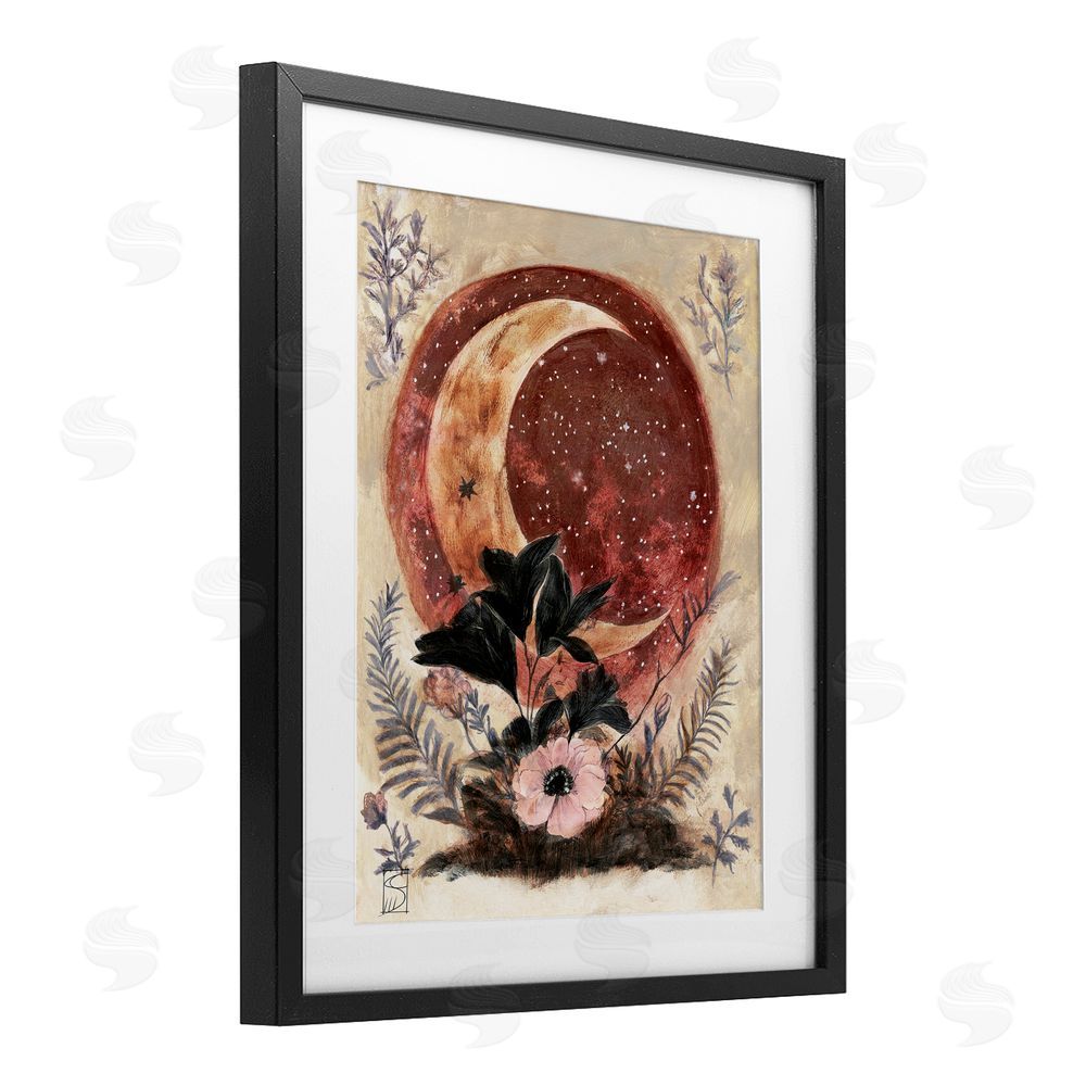 Sara Culpepper Crescent Moon & Florals Black Framed Print Under Glass with White Mat Wall Art