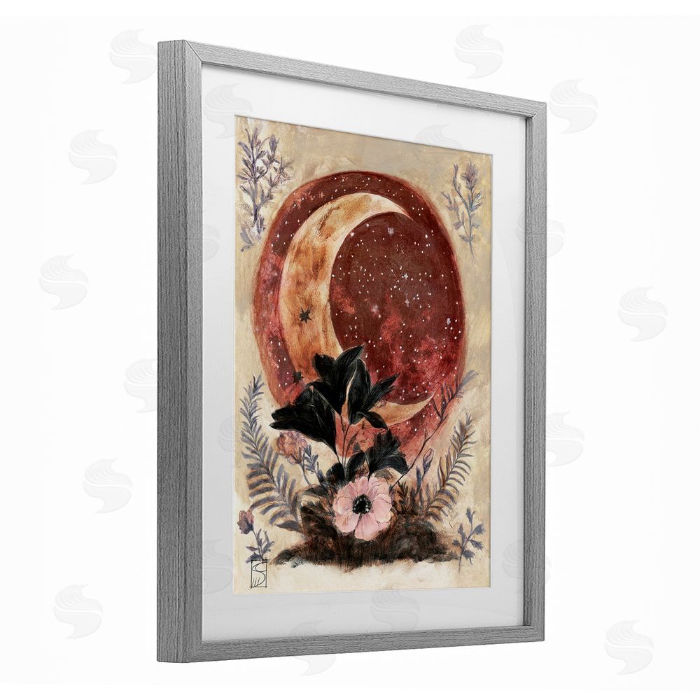 Sara Culpepper Crescent Moon & Florals Gray Framed Print Under Glass with White Mat Wall Art