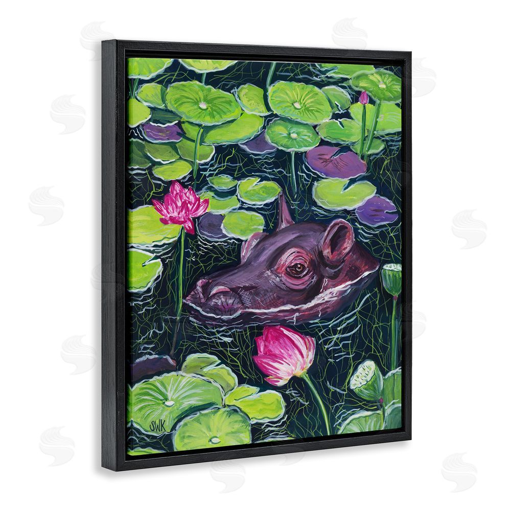 Sarah Waldron Kimball Hippo & Blossoms Pond Black Floating Frame Canvas Wall Art Print