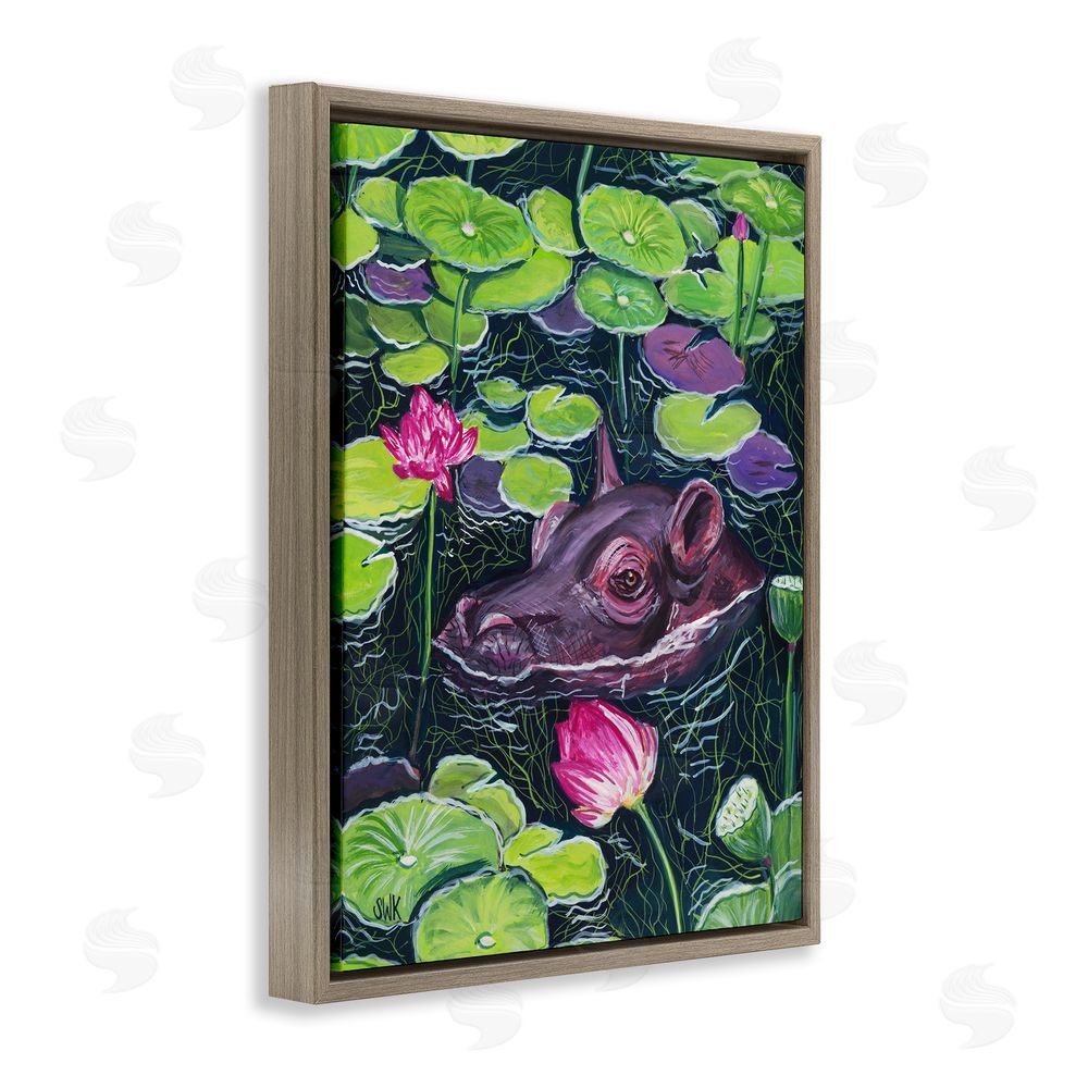 Sarah Waldron Kimball Hippo & Blossoms Pond Brown Floating Frame Canvas Wall Art Print