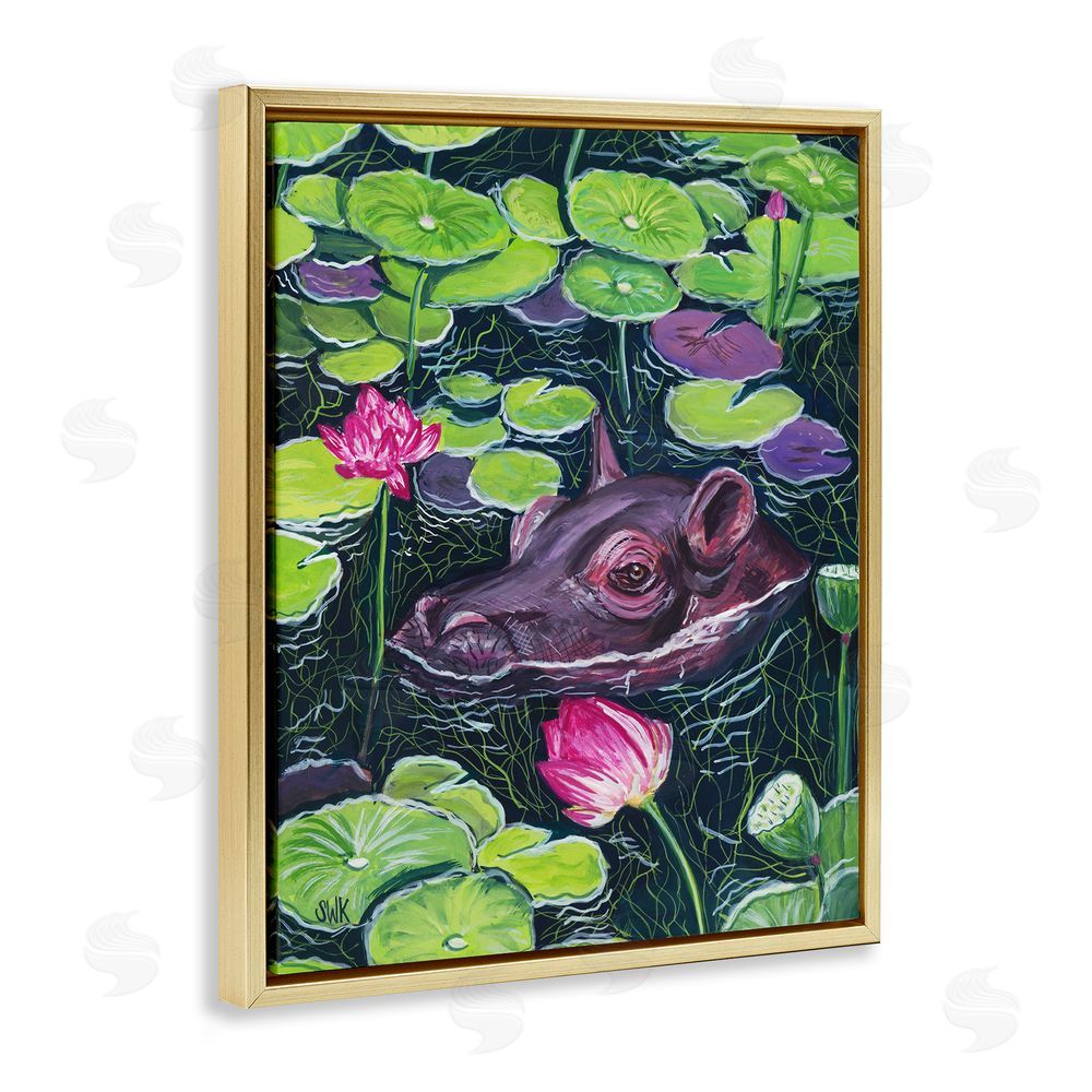 Sarah Waldron Kimball Hippo & Blossoms Pond Gold Floating Frame Canvas Wall Art Print