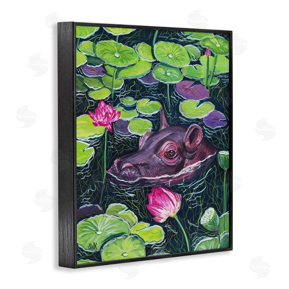 Sarah Waldron Kimball Hippo & Blossoms Pond Black Framed Giclee Wall Art Print