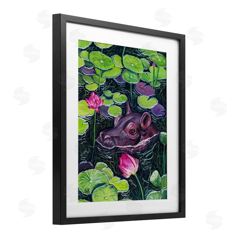 Sarah Waldron Kimball Hippo & Blossoms Pond Black Framed Print Under Glass Wall Art