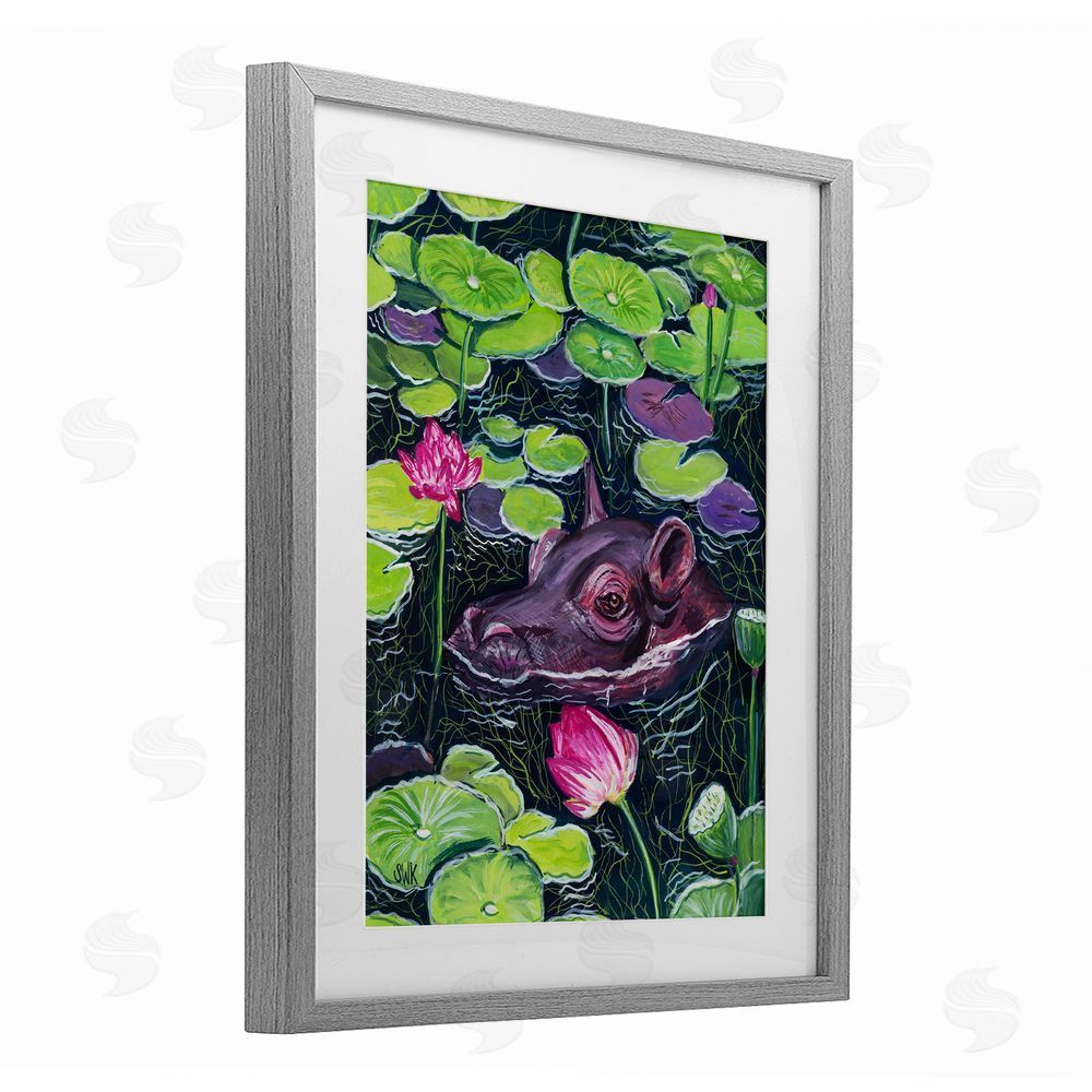 Sarah Waldron Kimball Hippo & Blossoms Pond Gray Framed Print Under Glass Wall Art