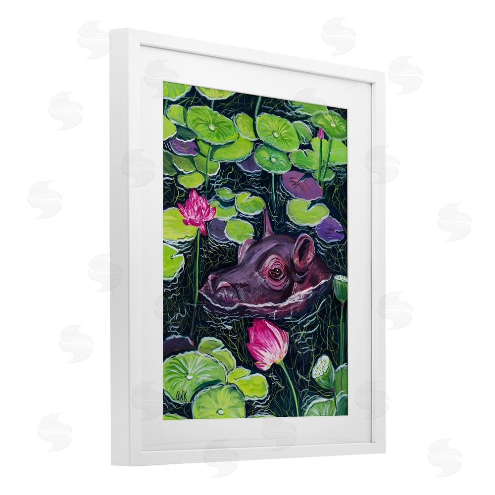 Sarah Waldron Kimball Hippo & Blossoms Pond White Framed Print Under Glass Wall Art