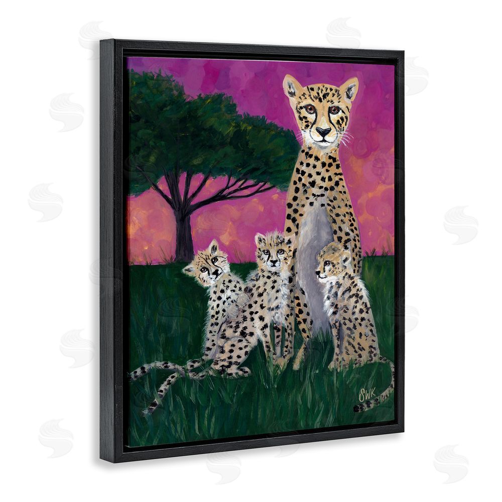 Sarah Waldron Kimball Mama Cheetah & Her Cubs Black Floating Frame Canvas Wall Art Print