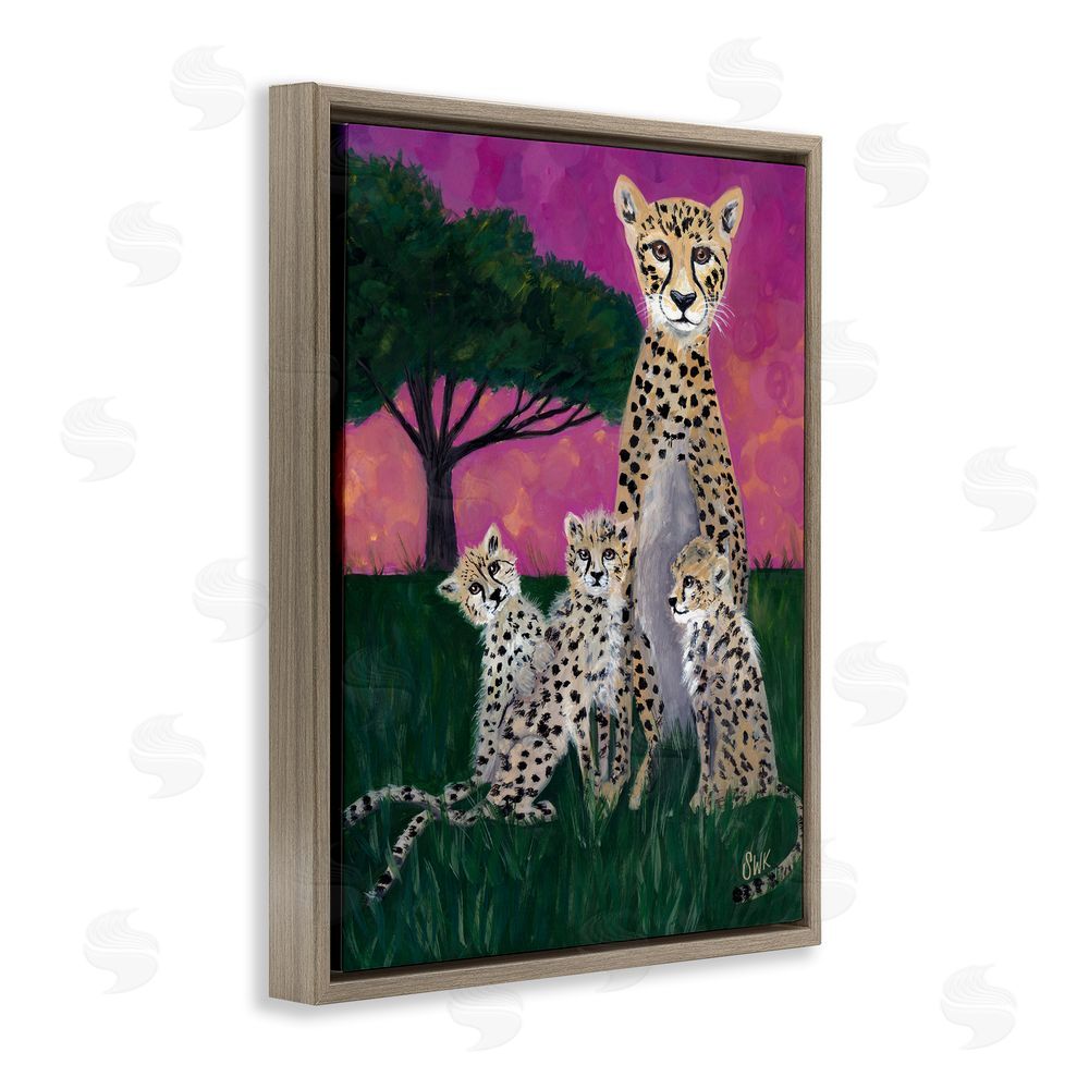 Sarah Waldron Kimball Mama Cheetah & Her Cubs Brown Floating Frame Canvas Wall Art Print