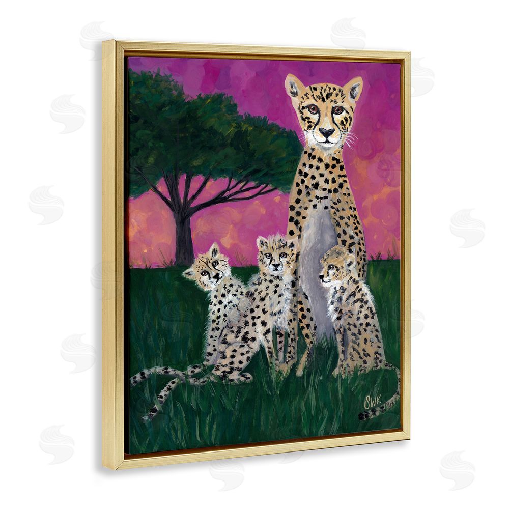 Sarah Waldron Kimball Mama Cheetah & Her Cubs Gold Floating Frame Canvas Wall Art Print