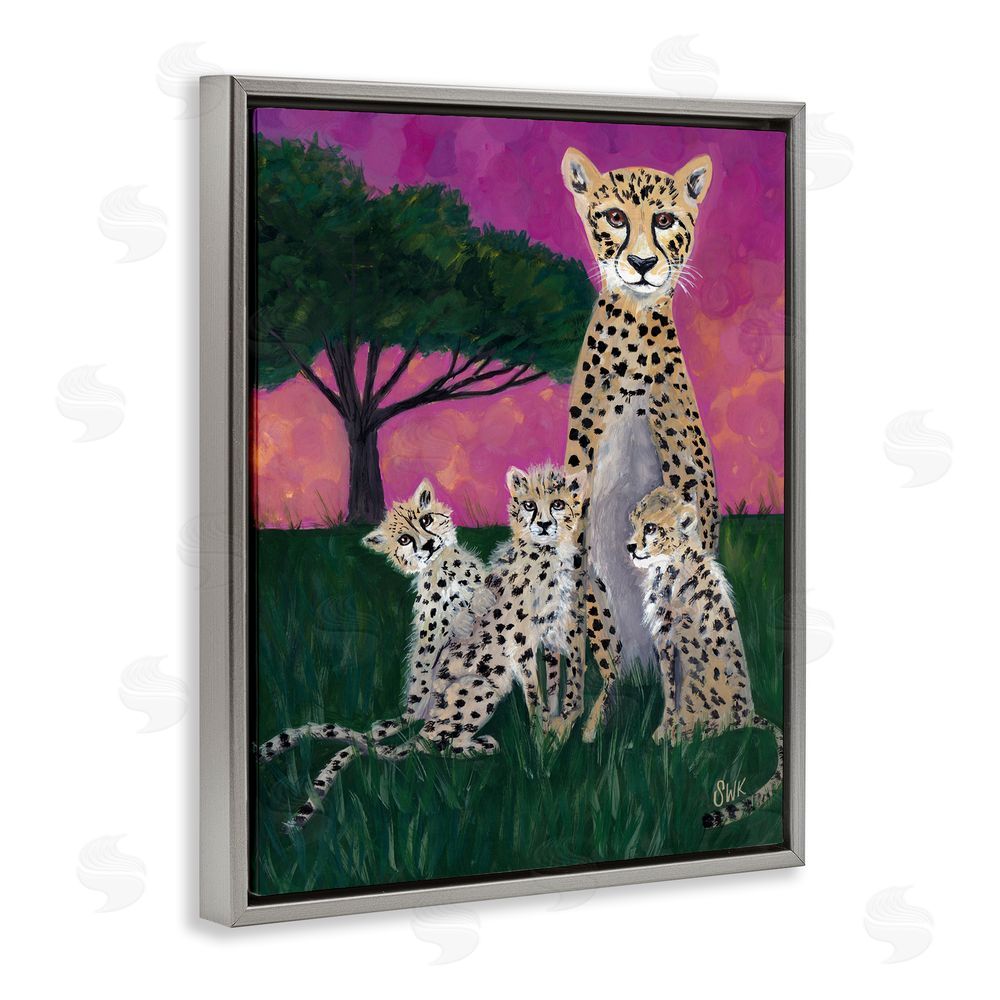 Sarah Waldron Kimball Mama Cheetah & Her Cubs Gray Floating Frame Canvas Wall Art Print