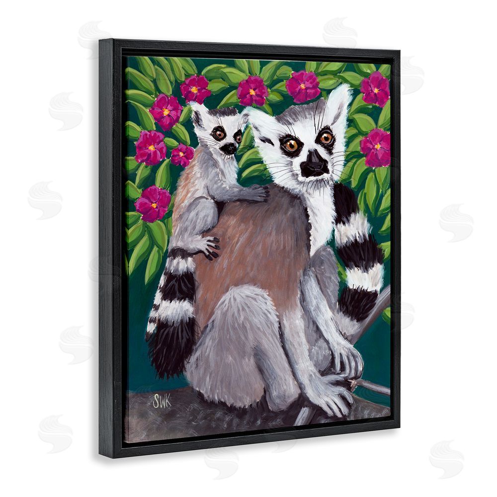 Sarah Waldron Kimball Ring Tailed Lemur Mama & Baby Black Floating Frame Canvas Wall Art Print