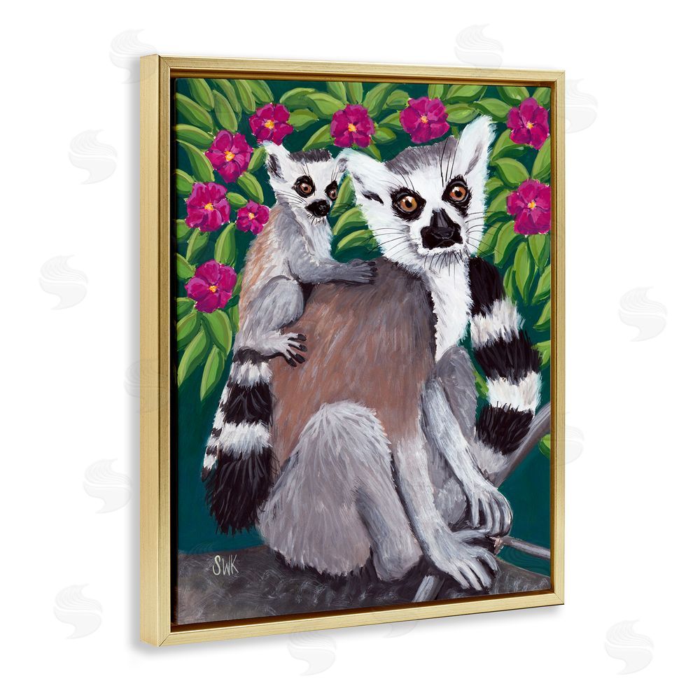 Sarah Waldron Kimball Ring Tailed Lemur Mama & Baby Gold Floating Frame Canvas Wall Art Print