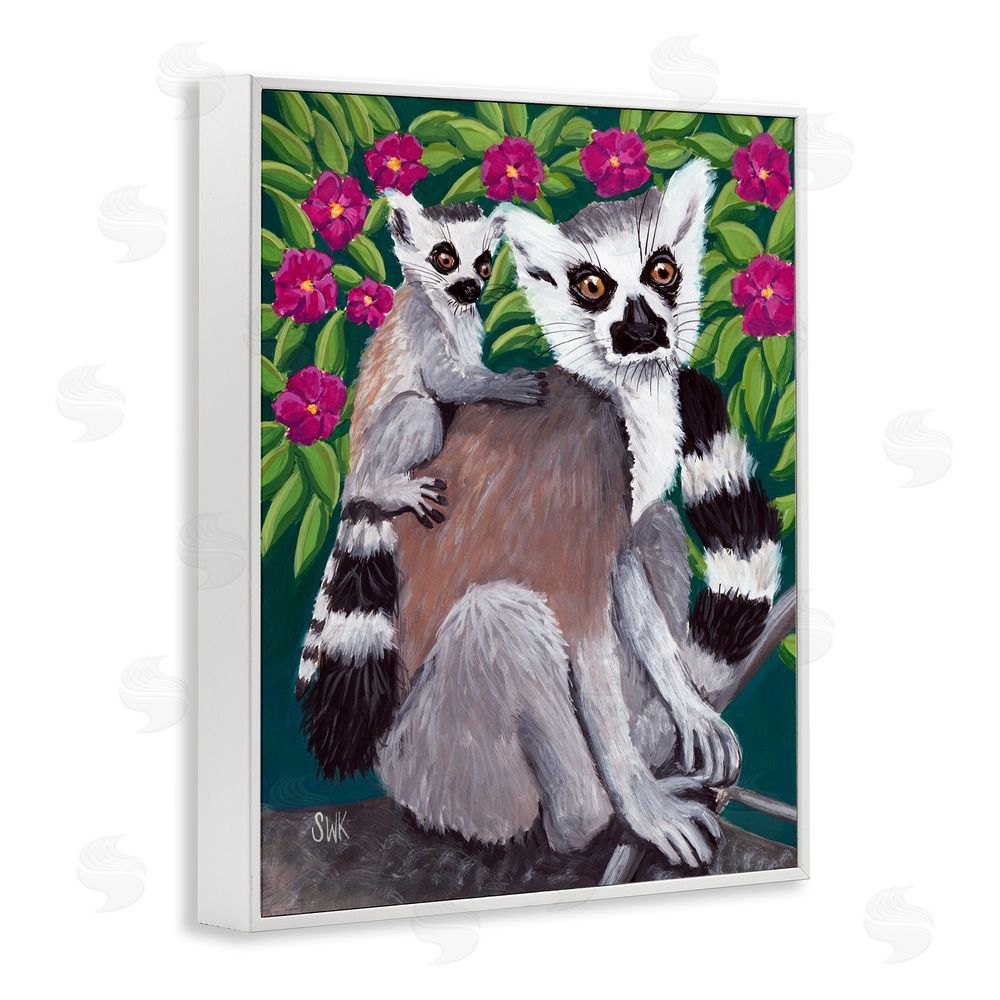 Sarah Waldron Kimball Ring Tailed Lemur Mama & Baby White Framed Giclee Wall Art Print