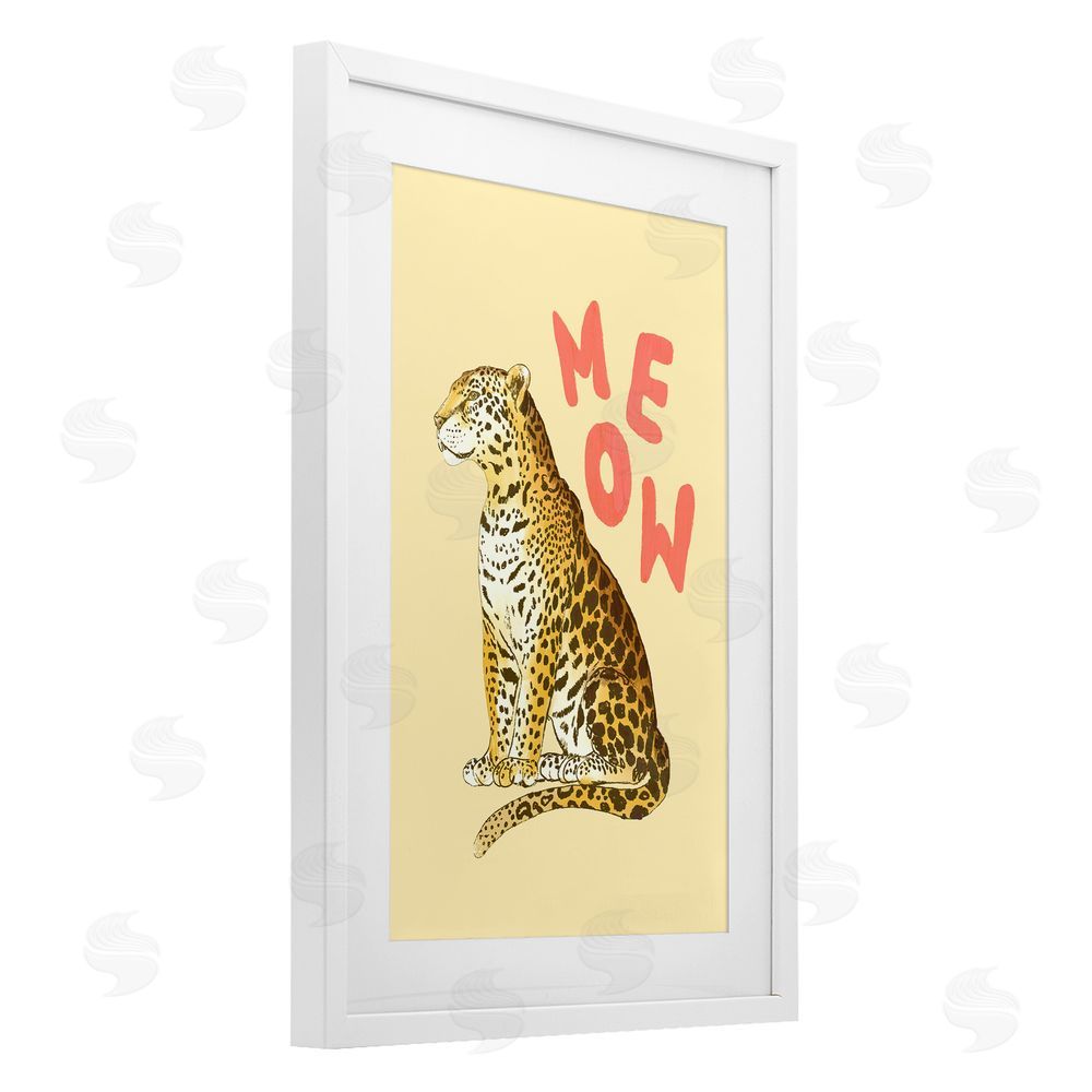 Florentina Dolci Meow Leopard on Yellow White Framed Print Under Glass Wall Art