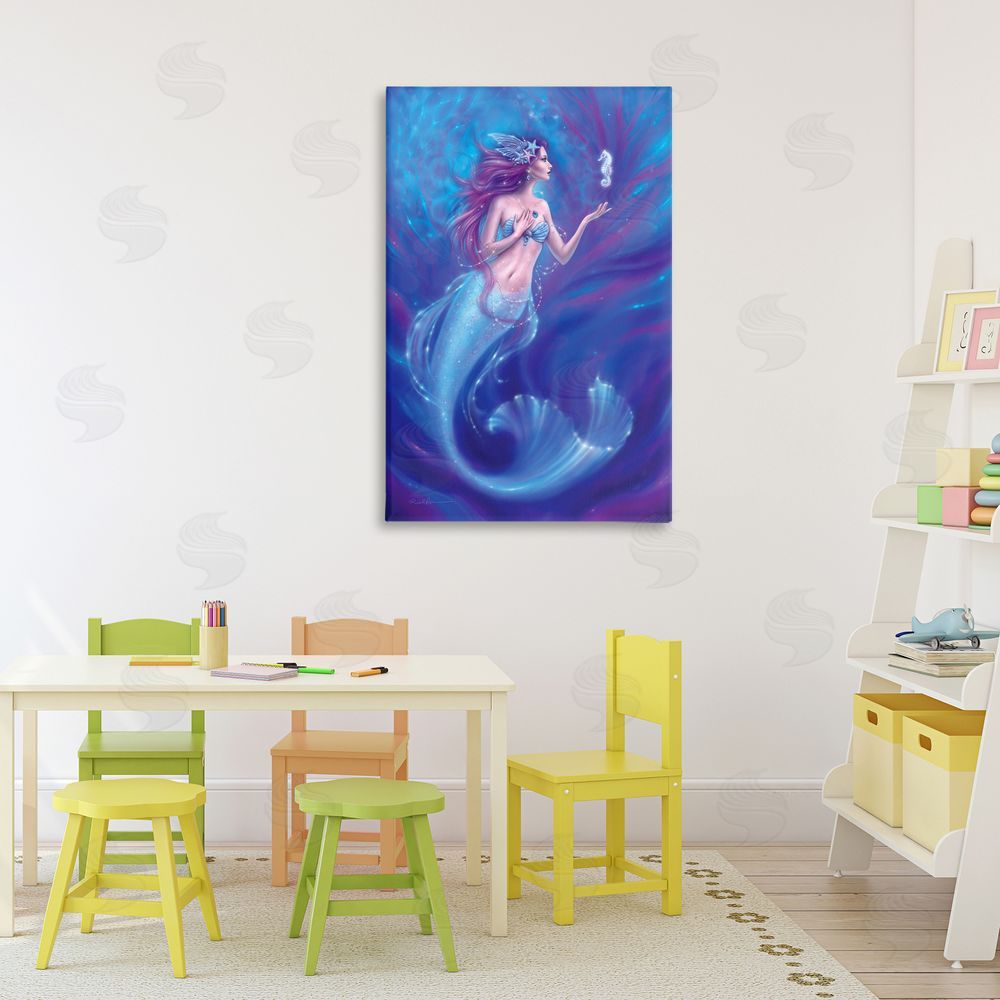 Rachel Anderson Jewel Bedecked Mermaid & Seahorse Stretched Canvas Wall Art Print in Room