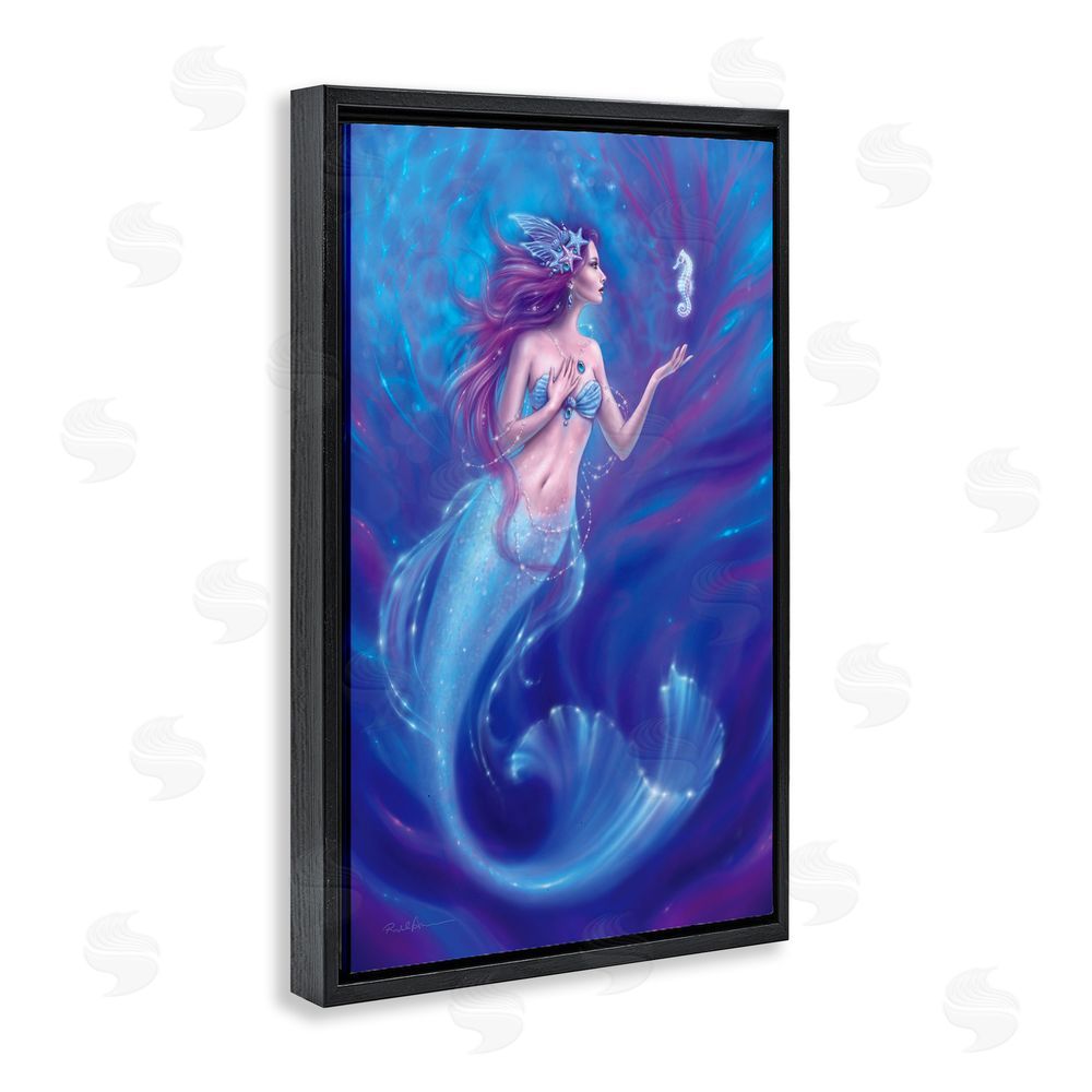 Rachel Anderson Jewel Bedecked Mermaid & Seahorse Black Floating Frame Canvas Wall Art Print