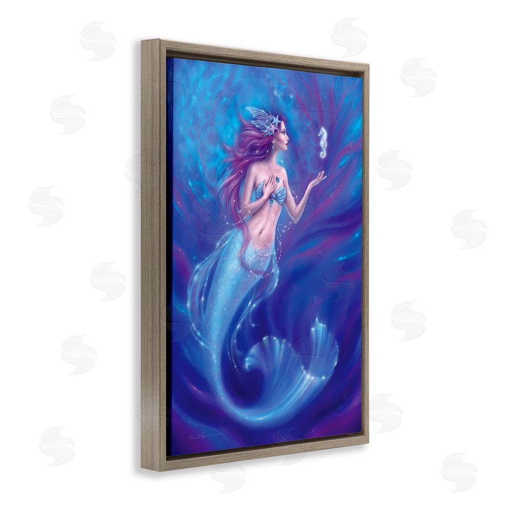 Rachel Anderson Jewel Bedecked Mermaid & Seahorse Brown Floating Frame Canvas Wall Art Print