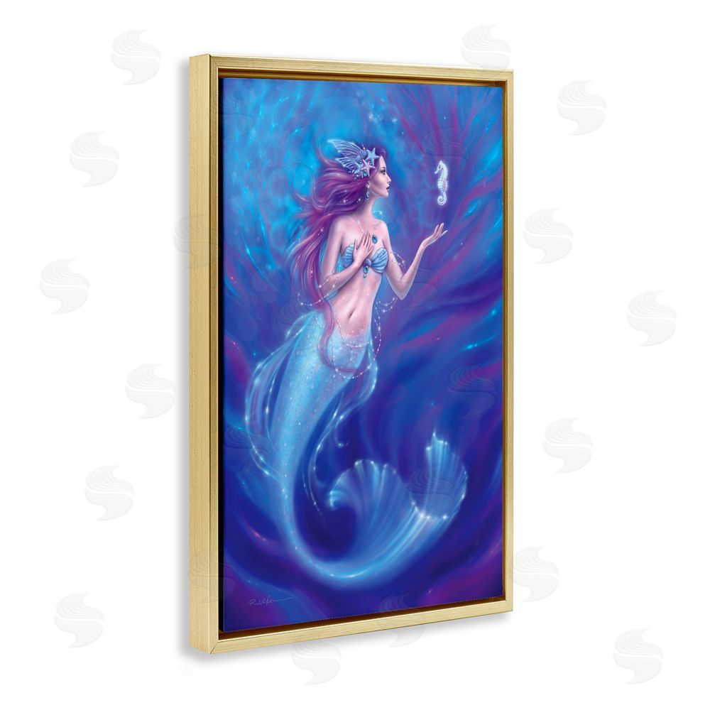 Rachel Anderson Jewel Bedecked Mermaid & Seahorse Gold Floating Frame Canvas Wall Art Print