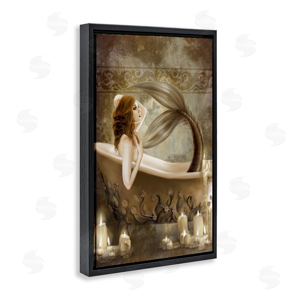 Selina Fenech Sepia Bath Time Mermaid Black Floating Frame Canvas Wall Art Print