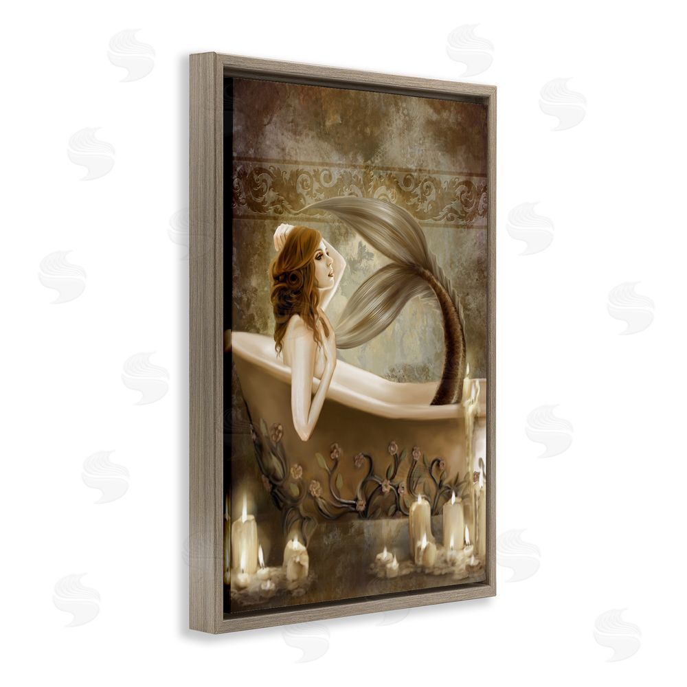 Selina Fenech Sepia Bath Time Mermaid Brown Floating Frame Canvas Wall Art Print