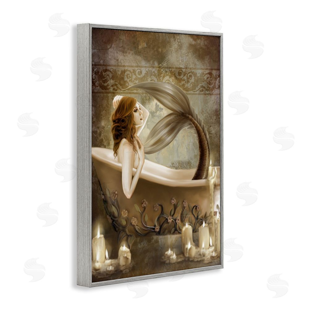 Selina Fenech Sepia Bath Time Mermaid Gray Framed Giclee Wall Art Print