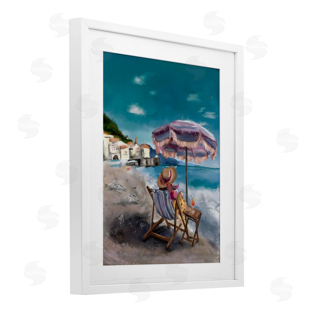 Denise Bartkus Beachside Italian Hangout White Framed Print Under Glass Wall Art