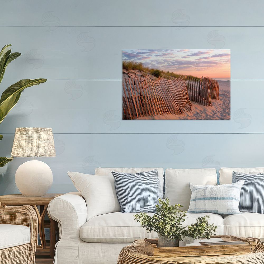 MJ Photography Brick Beach Peachy Sunrise Stretched Canvas Wall Art in Room
