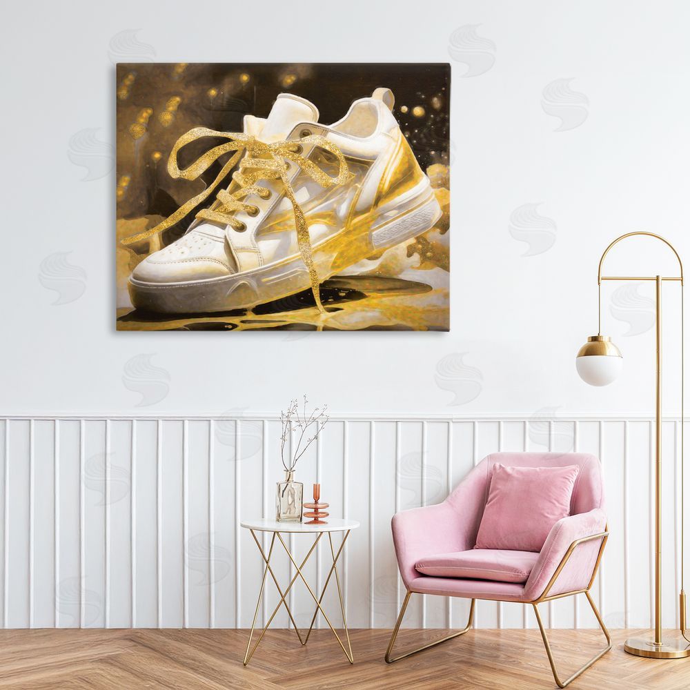 Grotto Studios Splashy Gold Sneaker Stretched Canvas Wall Art in Room