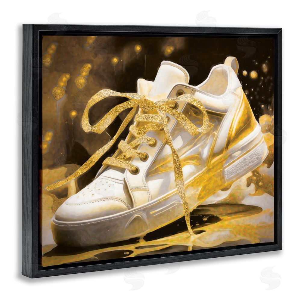Grotto Studios Splashy Gold Sneaker Black Floating Frame Canvas Wall Art Print